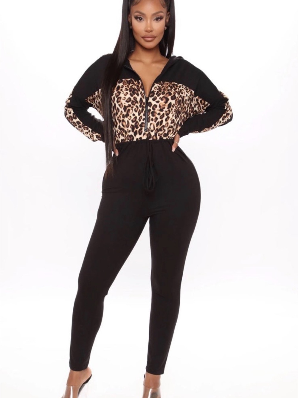 Leopard Panel Black Jumpsuit with Zip Front